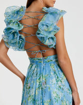 Blue Ruffle Tiered Floral Cut-Out Chiffon Gown
